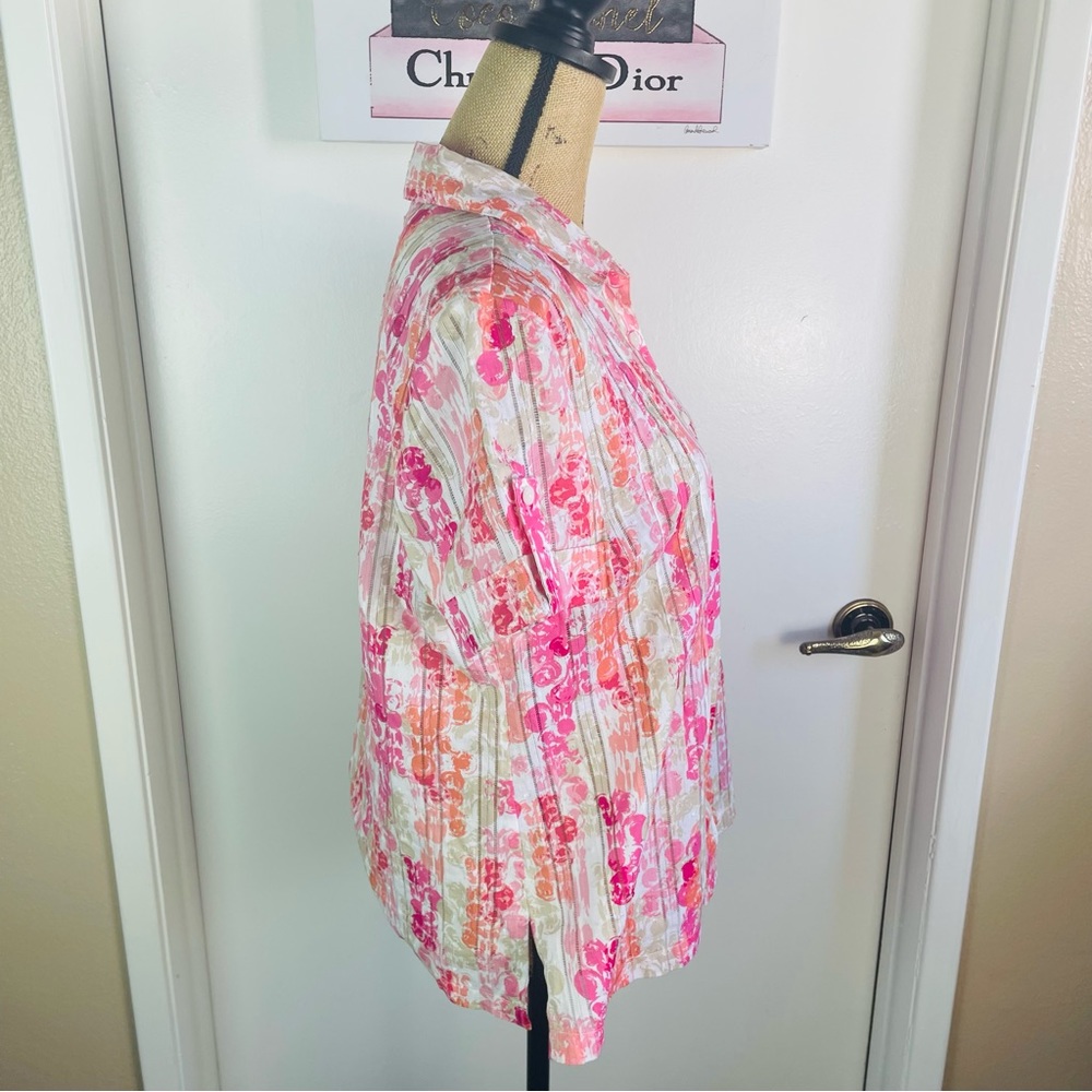 JM Collection Pink Multicolor Blouse Woman Top Shirt Hawaiian Button Up Size 10 - Picture 4 of 9